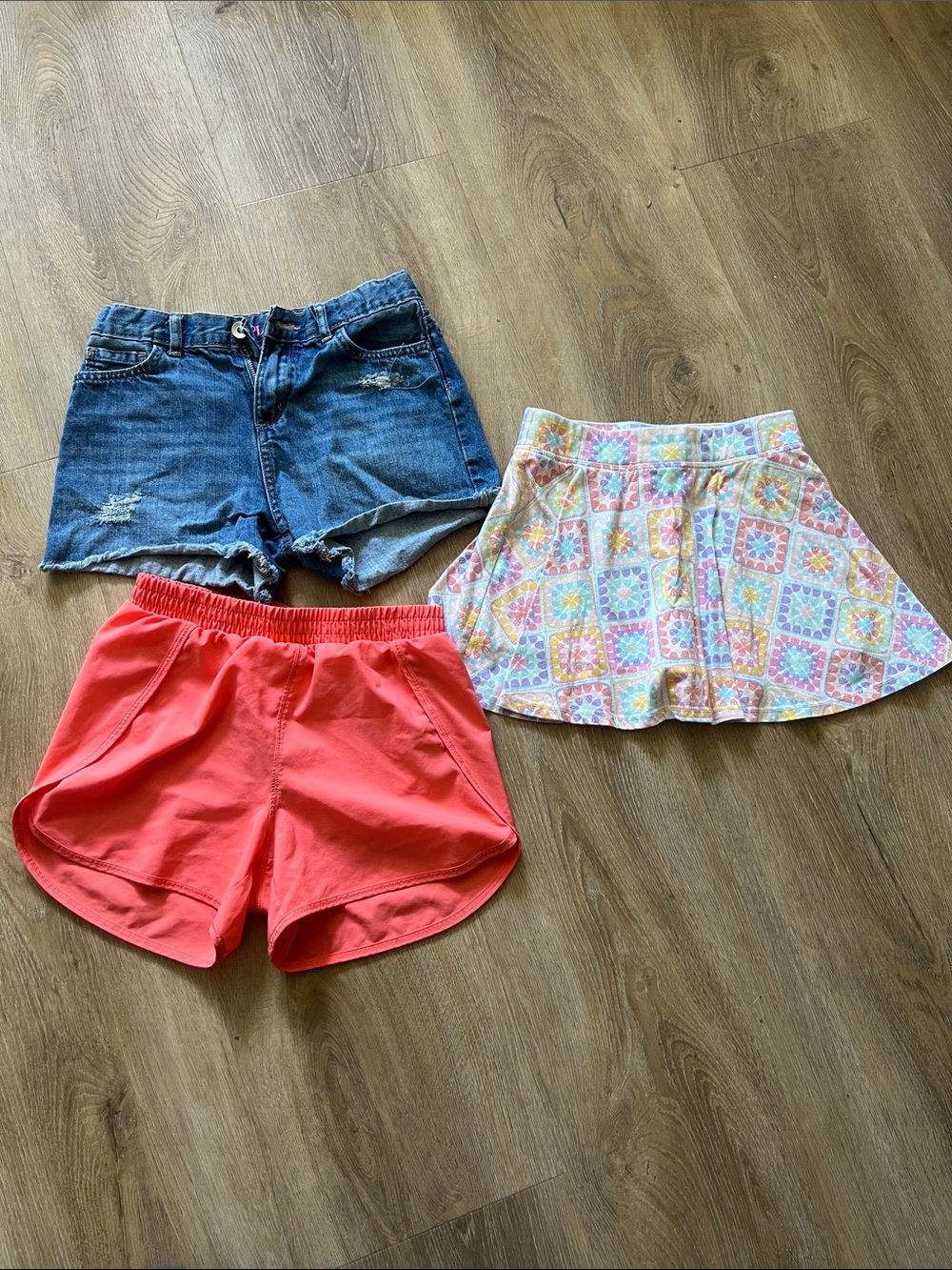 Three Girls' Summer Shorts Set - Denim, Coral, and Patterned Skort